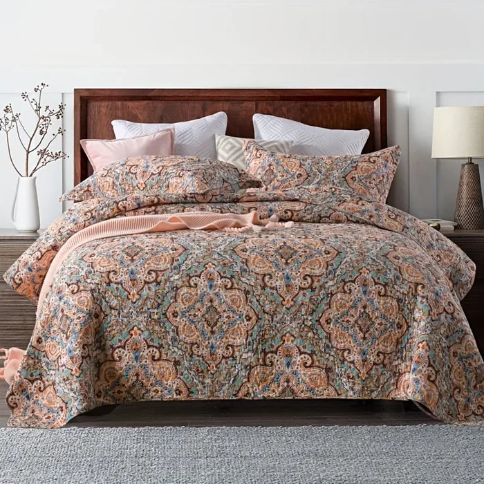 3pcs Boho Paisley Flower Print Cotton Bedspread (1* Bedspread + 2* Pillowcase,Without Filler), Soft Breathable And Comfortable All Season Bedding For Bedroom Guest Room