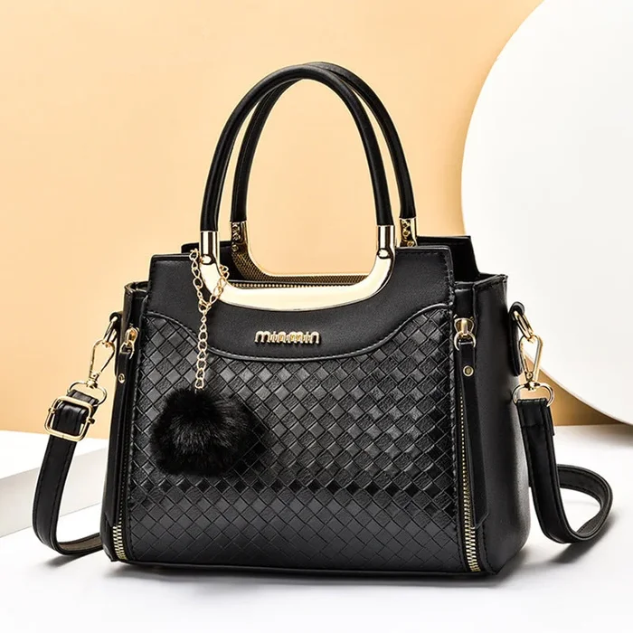 Geometric Embossed Satchel Bag, Plush Ball Decor Hand Bag, Women’s Elegant Zipper Shoulder Purse