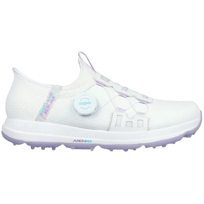 Skechers Ladies Go Golf Elite 5 Slip-In Twist Fit Waterproof Spikeless Shoes – White/Lavender