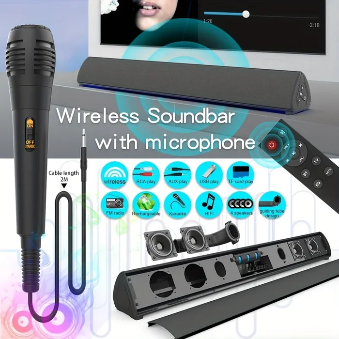 Wireless BT TV Sound Bar Home Theater Subwoofer Soundbar With LED Lighting Karaoke Microphone AUX Audio FM RCA Super Bass Speaker
